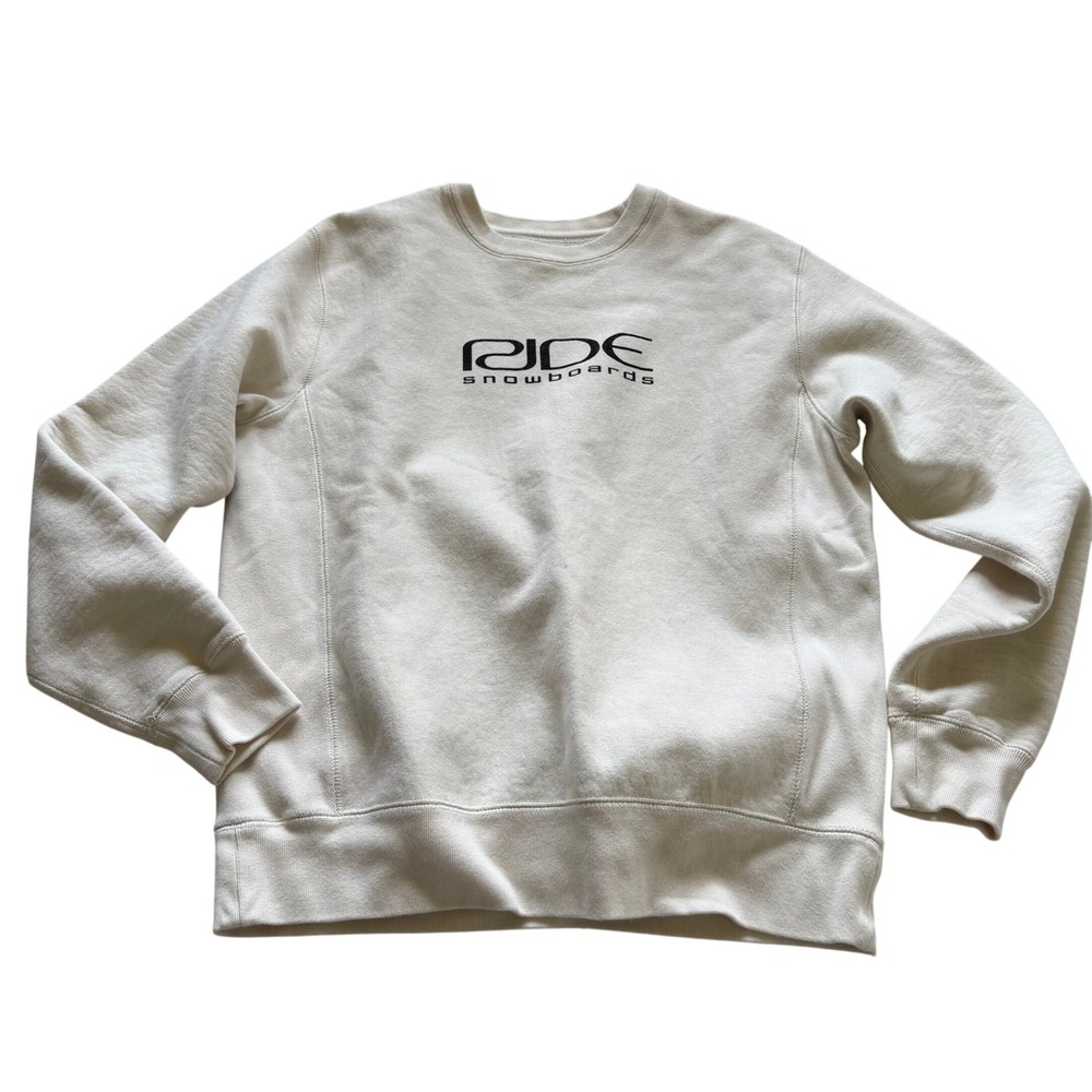 Ride Snowboards Crewneck Sweatshirt Cream Logo Pullover Small Heavy Cotton Blend
